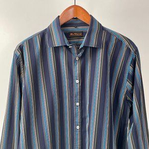 Ben Sherman Striped Lightweight Long Sleeve Button Up Shirt Blue Grey Tan, L